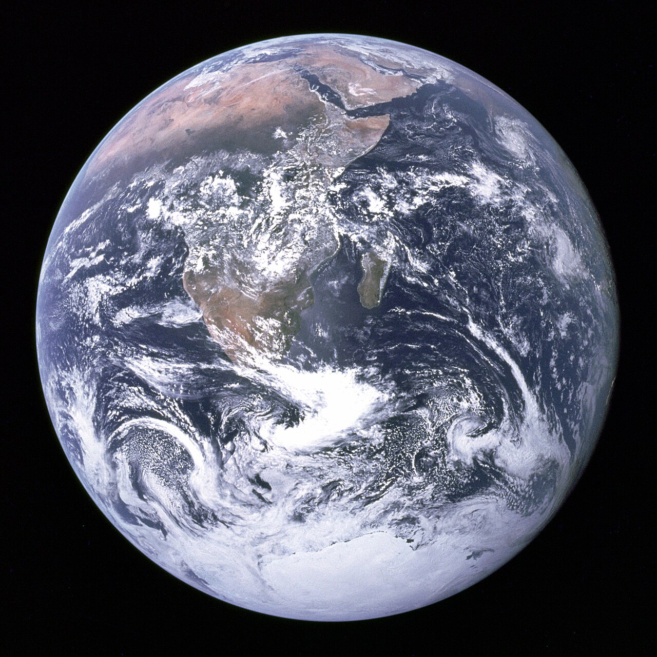 The 'Blue Marble', photographed by the crew of Apollo 17 on December 7, 1972 — Earth as seen from approximately 29,000 km out.