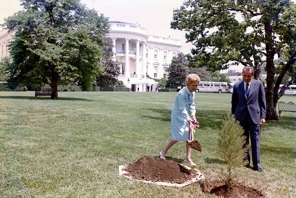 President Richard Nixon and First Lady Pat Nixon plant a tree on the White House South Lawn in recognition of the first Earth Day, April 22, 1970.